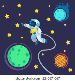 Astronaut collecting stars in outer space vector illustration. Cartoon drawing of person in spacesuit among planets. Space, astronomy, science, universe, discovery, exploration concept
