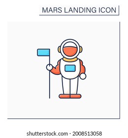 Astronaut color icon. Spaceman keeps flag. Visit note. Planet research. Mars landing concept. Isolated vector illustration