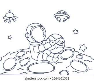 Astronaut coloring book line art design vector illustration. Space separate objects. Space hand drawn doodle design elements.