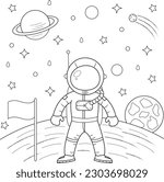 Astronaut coloring page for children and adults. Hand drawing vector illustration in black outline on a white background.