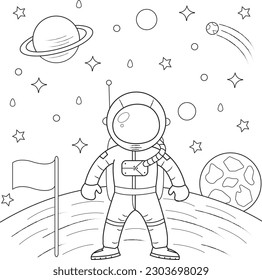 Astronautenfarbseite für Kinder und Erwachsene. Hand gezeichnete Vektorgrafik auf schwarzem Hintergrund.