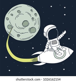 astronaut come back after mission to moon.Spaceman adventure.Childish vector illustration