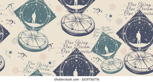 Astronaut and compass seamless pattern. Universe and human. Packing old paper, scrapbooking style. Vintage background. Medieval manuscript, engraving art 