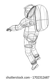 Astronaut concept. Vector rendering of 3d. Wire-frame style. The layers of visible and invisible lines are separated