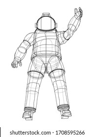 Astronaut concept. Vector rendering of 3d. Wire-frame style. The layers of visible and invisible lines are separated