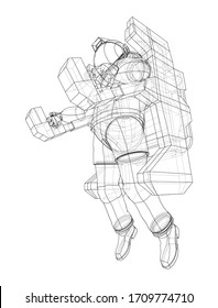 Astronaut concept. Vector rendering of 3d. Wire-frame style. The layers of visible and invisible lines are separated