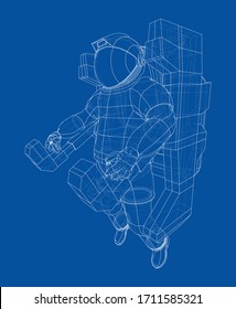 Astronaut concept. Vector rendering of 3d. Wire-frame style. The layers of visible and invisible lines are separated