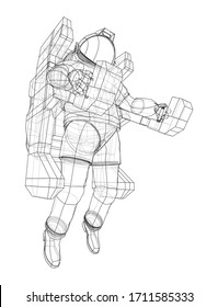 Astronaut concept. Vector rendering of 3d. Wire-frame style. The layers of visible and invisible lines are separated