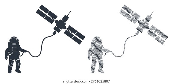Astronaut connected to satellite via tether, space exploration, cosmic journey, research mission.