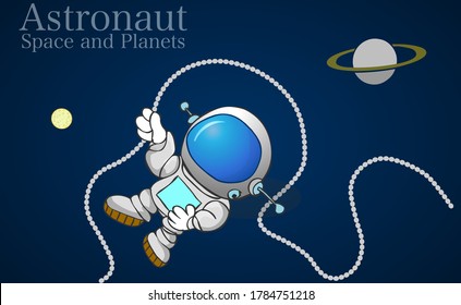 Astronaut connected to the space shuttle. Cartoon lost cosmonaut in dark sky cosmic background. Planet and satellites. Spaceman with a space suit, helmet. Astronomy illustration Vector