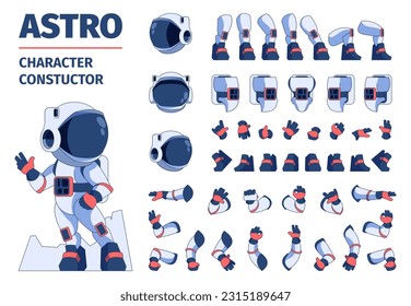 Astronaut constructor kit. Cartoon space character body parts for animation sequence, arms legs and heads, astronauts in spacesuits. Vector sprite collection. Cosmic costume for galaxy exploration