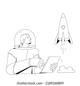The astronaut controls the rocket on the tablet. Launch of the project.