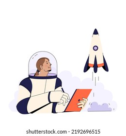 The astronaut controls the rocket on the tablet. Launch of the project. 