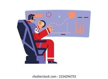 Astronaut controls spacecraft while sitting in front of control panel. Astronaut or spaceman in spaceship, flat vector illustration isolated on white background.