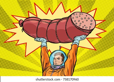 Astronaut and cooked sausage, meat products. Pop art retro vector illustration