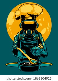 Astronaut is cooking cartoon vector icon illustration. A professional cosmonaut chef is preparing food on the space in the sun. Print for t-shirts and another, trendy apparel design