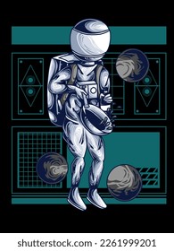 astronaut cooking in space using a pot, modern vector illustration, good for print on t-shirts, apparel, merchandise, clothing.
