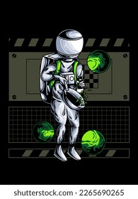 astronaut cooking in space using a pot, modern vector illustration, good for print on t-shirts, apparel, merchandise, clothing.