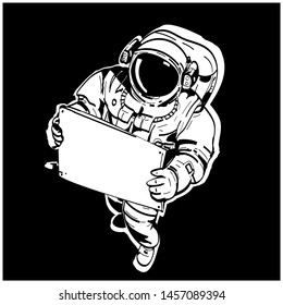 ASTRONAUT with Copy space. Hand drawn print of astronaut taking a white board in line art style. vector illustration