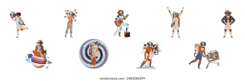 Personaje de astronauta y cosmonauta en conjunto de Vector de traje espacial