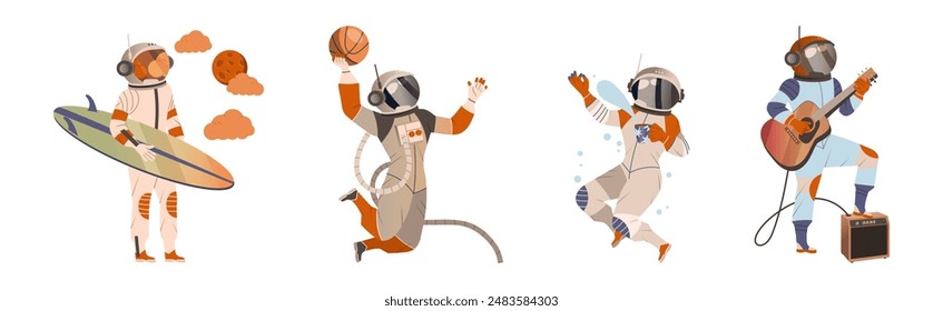 Astronaut and Cosmonaut Character in Spacesuit Vector Set