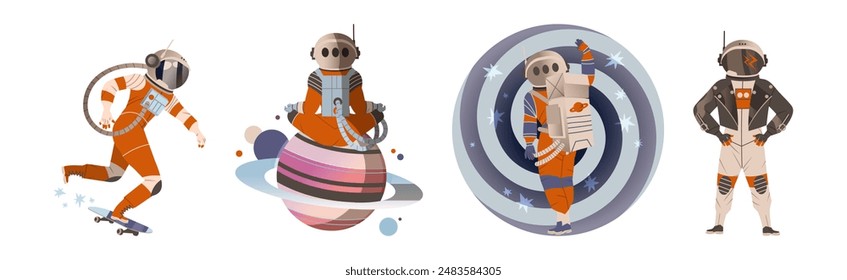 Astronaut and Cosmonaut Character in Spacesuit Vector Set