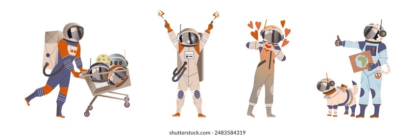 Astronaut and Cosmonaut Character in Spacesuit Vector Set