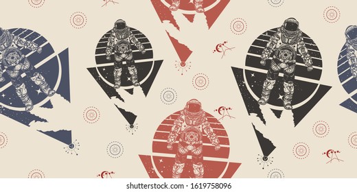 Astronaut. Cosmonaut in deep space seamless pattern. Packing old paper, scrapbooking style. Vintage background. Medieval manuscript, engraving art. Universe concept 