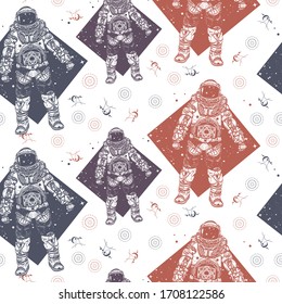 Astronaut. Cosmonaut in deep space seamless pattern. Packing old paper, scrapbooking style. Vintage background. Medieval manuscript, engraving art. Universe concept 