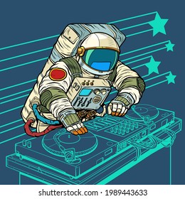 astronaut cosmonaut dj on vinyl turntables. concert music performance