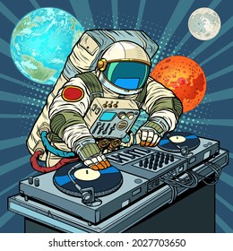 astronaut cosmonaut dj on vinyl turntables. concert music performance