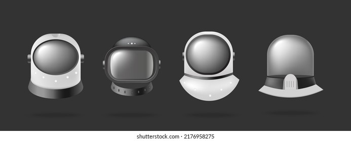 Astronaut or cosmonaut head helmets set realistic mockup vector illustration isolated on dark background. Protective costume helm or slam of different shapes.