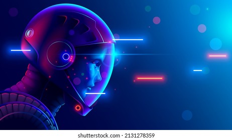 Astronaut or cosmonaut helmet  close up side view. Space tourist in space suit in cosmos. Sci-fi portrait of woman astronaut. Space tourism concept. head in a helmet look at space.