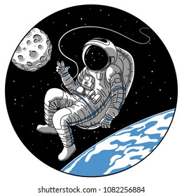 Astronaut or cosmonaut in open space vector illustration. Sketch retro design of astronaut in space suit on earth or moon planet orbit showing hello hand gesture in porthole window of spaceship rocket