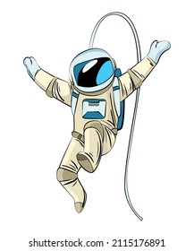 Astronaut or cosmonaut in spacesuit floating in weightlessness. Hand drawn spaceman for t-shirt print design. People exploring universe