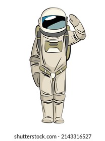 Astronaut or cosmonaut in spacesuit floating in weightlessness. Hand drawn spaceman for t-shirt print design. People exploring universe
