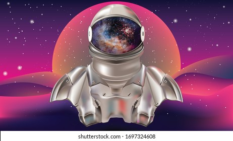 Astronaut . Cosmonaut in spacesuit performing extravehicular activity or spacewalk against stars and planets in background. Human spaceflight. Modern colorful vector illustration.