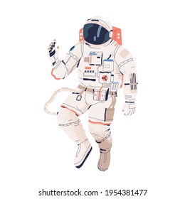 Astronaut or cosmonaut in spacesuit in zero gravity isolated on white background. Spaceman with oxygen tank soaring in weightlessness. People exploring universe. Flat textured vector illustration.