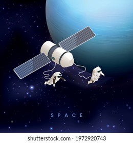 Astronaut cosmonaut taikonaut isometric colored concept with two astronauts flying in space vector illustration