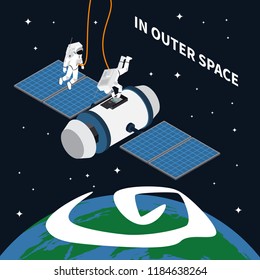 Astronaut cosmonaut taikonaut isometric composition with space satellite and images of astronauts repairing spaceship with text vector illustration