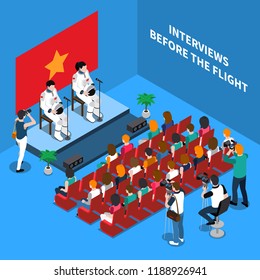 Astronaut cosmonaut taikonaut isometric composition with human characters of astronauts in spacesuits with public and text vector illustration 