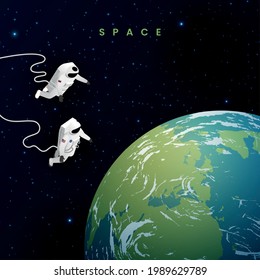 Astronaut cosmonaut taikonaut isometric composition two astronauts are in weightlessness in space and the earth is next to them vector illustration 