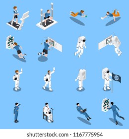 Iconos isométricos astronautas taikonaut conjunto de dieciséis íconos aislados de testers y candidatos reales ilustración vectorial