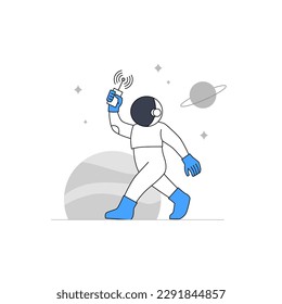 Astronaut or cosmonaut walking at planet exploration with phone communication for bad gateway error empty state illustration