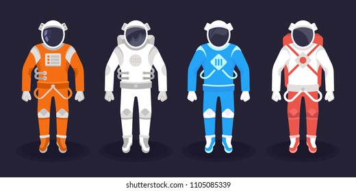 Astronaut and cosmonaut in a white, orange, blue and red spacesuit. Vector illustration on flat design.