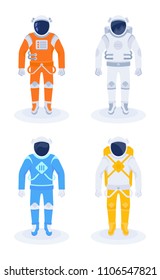 Astronaut and cosmonaut in a white, orange, blue and yellow spacesuit. Vector illustration on flat design.