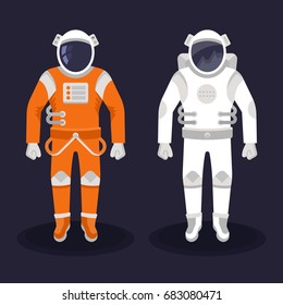 Astronaut and cosmonaut in a white and orange spacesuit. Vector illustration on flat design.