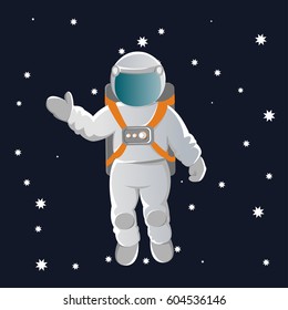Astronaut or cosmonaut in a white spacesuit with orange belts waving hand in greeting in the background of space and stars. Weightlessness. Can be used in the newsletter, brochures, postcards, banner.