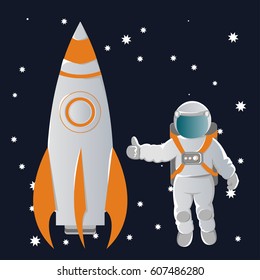 Astronaut or cosmonaut in a white spacesuit with orange belts stands near the space rocket, lifting his thumb up on his right hand. Can be used in the newsletter, brochures, postcards, banner.