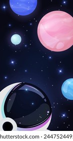 Astronauta en el cosmos con coloridos planetas azules y rosas. Astronauta en el espacio exterior, estrellas reflejándose en el casco. Ilustración vectorial de dibujos animados. Fondo de pantalla del teléfono